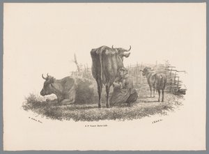 La esposa del granjero ordeñando, dos vacas y un carnero Beesten Studien por J. Kobell después de Paul Potter Nr. 1 (título de la serie) de Jan Kobell (III)