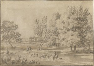 Paisaje con árboles, jinetes y algunas vacas en un abrevadero