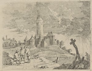 paisaje con castillo y tres hombres de Jan Lauwryn Krafft (I) (possibly)