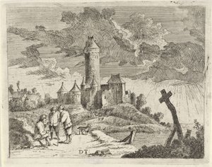 paisaje con castillo y tres hombres de Jan Lauwryn Krafft (I) (possibly)