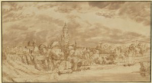 Vista de una ciudad situada en la orilla opuesta de un río de Jan Lievens