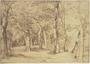 El interior de un bosque, a la derecha un pintor está sentado ante el caballete de Jan Lievens