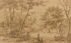 Vista de un sendero en el bosque de La Haya, con mendigos en la puerta de una cabaña de Jan Lievens