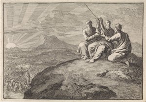 Aarón y Hur sostuvieron las manos de Moisés durante la batalla del pueblo de Israel contra los amalecitas de Jan Luyken