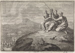 Aarón y Hur sostienen las manos de Moisés durante la batalla del pueblo de Israel contra los amalecitas de Jan Luyken