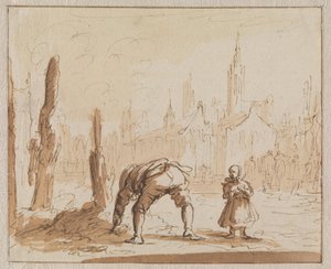 Adriaen Wens busca entre las cenizas el tornillo bucal que se había colocado a su madre en Amberes en 1573 de Jan Luyken