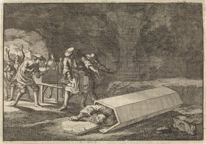 Los sirvientes de una funeraria en Roma ven que Antonio Marlini, a quien habían enterrado en una bóveda unos días antes, debía estar aparentemente muerto, 1696 de Jan Luyken