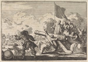 Asedio de Groningen en el que seis monjes bendicen un cañón, 1672 de Jan Luyken