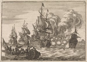 En Valencia, el almirante español Papachino es atacado por tres barcos franceses al mando del almirante Tourville por no saludar lo suficientemente rápido, 1688 de Jan Luyken