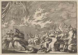 Incendio de un cobertizo de madera en el que tiene lugar una representación teatral junto al castillo de Amelienborg en Copenhague, 1689 de Jan Luyken