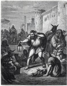 Esopo y Cristo: el escritor griego Esopo (siglo VI a.C.), con una linterna en la mano, cruza un paseo entre personajes con cabezas de animales en busca de "un hombre". Detrás de él vemos a Jesucristo. Ilustración inspirada en la fábula "Esopo a un  de Jan Luyken
