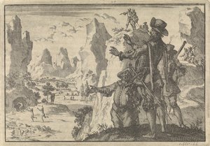 Españoles armados miran desde las rocas a gente completamente salvaje, hacia 1600 de Jan Luyken