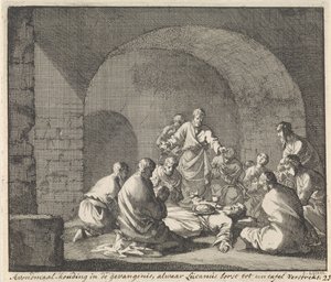 Santa Lucía celebra la Cena del Señor en prisión Posición de cena en una prisión donde Lucian proporciona pecho a una mesa (título en el objeto) de Jan Luyken