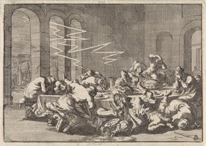 En el pueblo polaco de Perzyn, 23 personas mueren a causa de un rayo durante una comida bautismal, 1676 de Jan Luyken