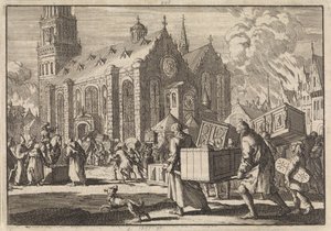 Habitantes de Spires de buena fe llevan sus muebles a la catedral donde posteriormente son quemados por el general francés Monclar, 1689 de Jan Luyken