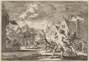 Los habitantes de un pueblo cerca del castillo de Luchow en Lüneburg son alcanzados por un torbellino que hace que las aves caigan muertas del cielo, 1671 de Jan Luyken