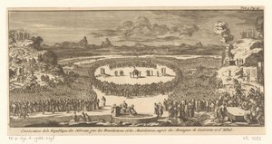 Israelieten brengen brand- en vredeoffers op de bergen Ebal en Gerizim Consagración de la República de Hebreos por Bendiciones y Maldiciones, cerca de las Montañas de Gerizim y Hebal (título sobre el objeto) de Jan Luyken
