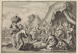 Los israelitas traen sus objetos de valor para la construcción del tabernáculo de Jan Luyken