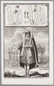 Hombre judío, vestido para la oración. Al fondo la Sinagoga Portuguesa de Ámsterdam