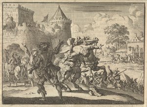 El comandante imperial Dampier cae de su caballo tras un disparo desde las murallas de Presburg (Bratislava), 1620 de Jan Luyken