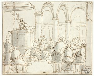 Hombre predicando a la congregación de Jan Luyken