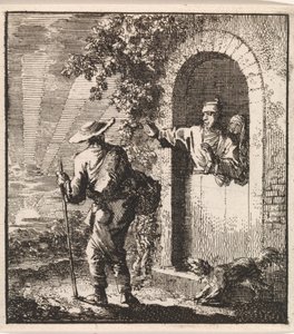 Un hombre en una puerta hace señas a un viajero cansado para que continúe de Jan Luyken