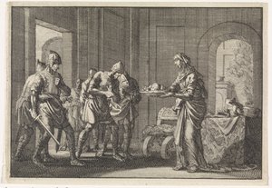 Madre muestra a los guerreros los restos de su hijo comido durante la hambruna en Jerusalén, 1704 de Jan Luyken