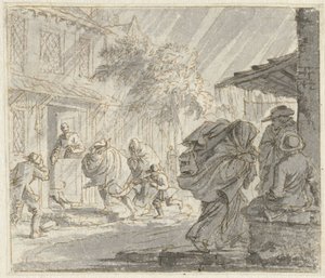 Escena de calle con viento y lluvia fuertes