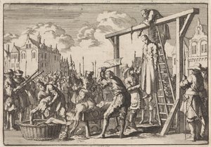 En Londres, el jesuita William Ireland es ahorcado y John Grove es descuartizado por un regicidio intencionado, 1679 de Jan Luyken