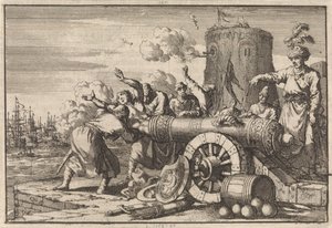 Durante el bombardeo francés de Argel, los argelinos cargan al cónsul francés en un cañón y lo matan, 1683 de Jan Luyken