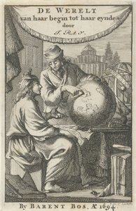 Dos hombres estudian un globo Página de título para: J. Ray, El mundo desde su principio hasta su fin, 1694 de Jan Luyken