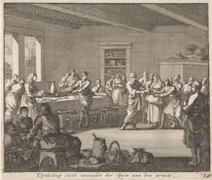Distribuir comida a los pobres Distribución del excedente de alimentos a los pobres (título sobre objeto) de Jan Luyken