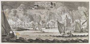 Vista del pueblo de Durgerdam, cerca de Ámsterdam, durante el incendio de 1687 (grabado)
