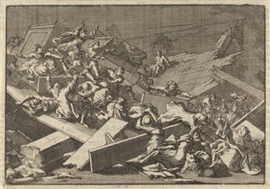 El piso de la iglesia de la casa del Plenipotenciario Imperial Conde von Bercka se derrumba, 1697 de Jan Luyken