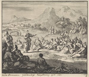 Los primeros cristianos escuchan un sermón en el desierto Reunión religiosa en el campo (título sobre objeto)