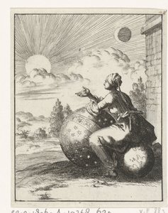 Mujer sentada en un globo terráqueo y apoyada en un globo celeste mirando el atardecer