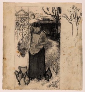 Annie Mankes-Zernike alimentando gallinas, derecha: estudios de un árbol y gallinas de Jan Mankes