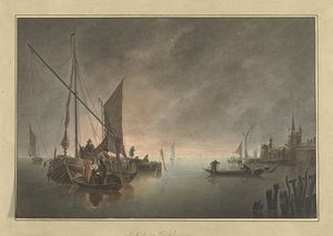 Barcos frente a una ciudad amurallada al atardecer de Jan Matthias Cok