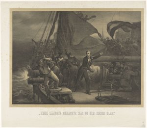 Jan van Speijk a punto de tirar la mecha en la bodega, 1831 Su último pensamiento fue el honor de su bandera (título sobre objeto) de Jan Mesker