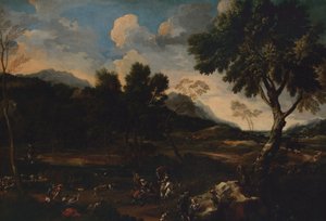 Paisaje con una batalla entre dos carneros de Jan Miel