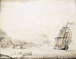 Un barco británico frente a las costas de Satalia (Turquía), en 1677, rodeado de una costa rocosa, con antiguas murallas y minaretes. Óleo sobre madera de Jan Peeters