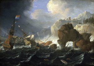 Un barco holandés y un galeón encallan en una costa rocosa durante la tormenta. Óleo sobre madera, por Jan Peeters (1624-1677).