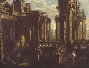 Un capricho de ruinas clásicas con un guerrero, un sátiro y Cupido persiguiendo a una ninfa de Jan Peeters