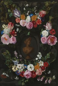 Cartela decorada con guirnaldas y ramilletes de flores