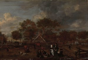 Granja con el caballero granjero y su esposa y el pintor en primer plano de Jan Pietersz Opperdoes