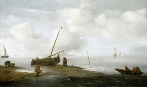 Pesca de mejillones, un barco pesquero en la orilla y tres hombres atareados recogiendo mejillones en sus cestas. Óleo sobre lienzo de 1622, de Jan Porcellis (1580-1632). de Jan Porcellis