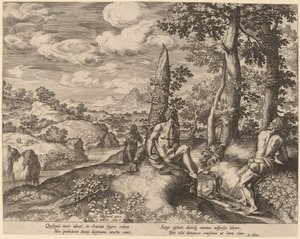 Paisaje con tres hombres desnudos y un perro