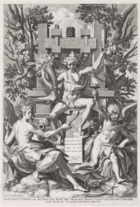 Baco Sentado en un Barril entre Amor y Música de Jan Sadeler I, after Joos van Winghe