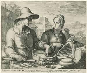 Agricultor y esposa de un agricultor en un puesto de mercado de Jan Saenredam