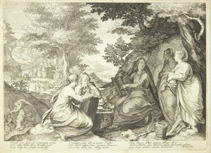 Las vírgenes prudentes reunidas en un paisaje, en el fondo Juan el Bautista predicando de Jan Saenredam